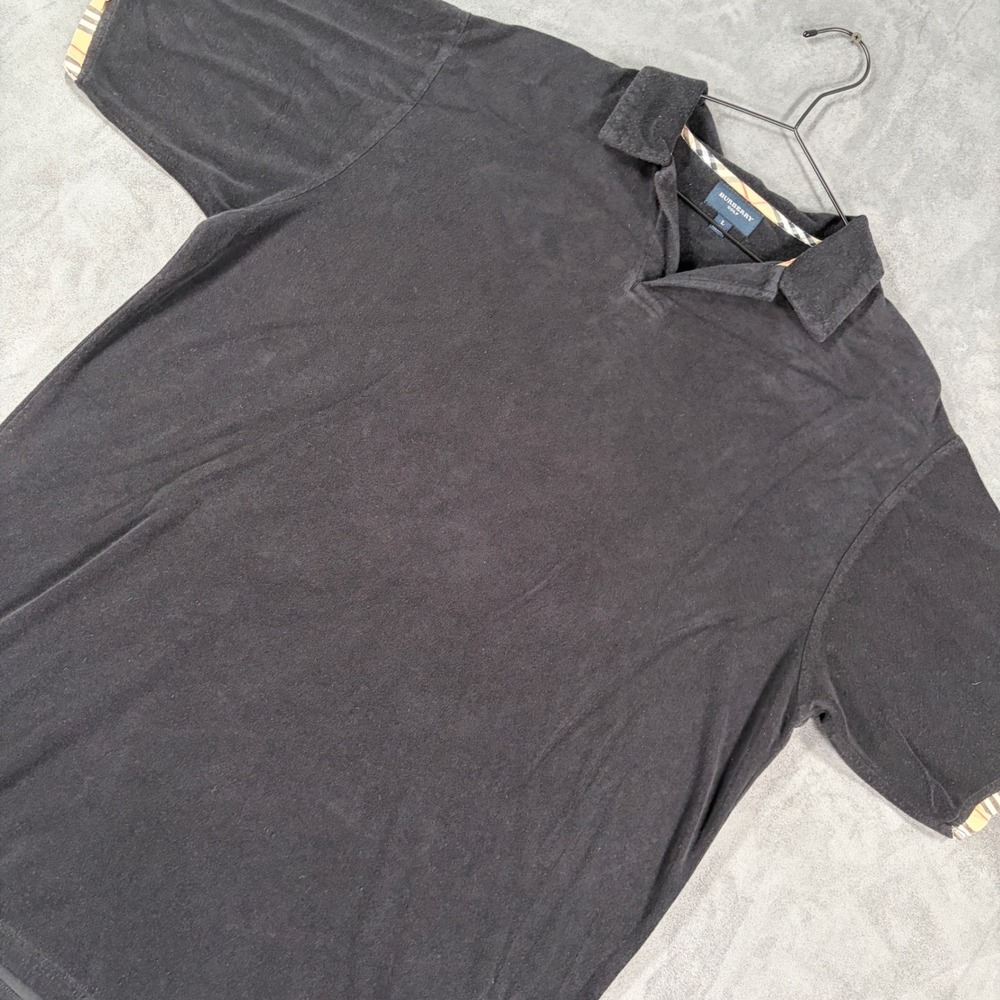 Burberry Golf Mens Large Black Terry Cloth Polo Shirt Nova Check Trim